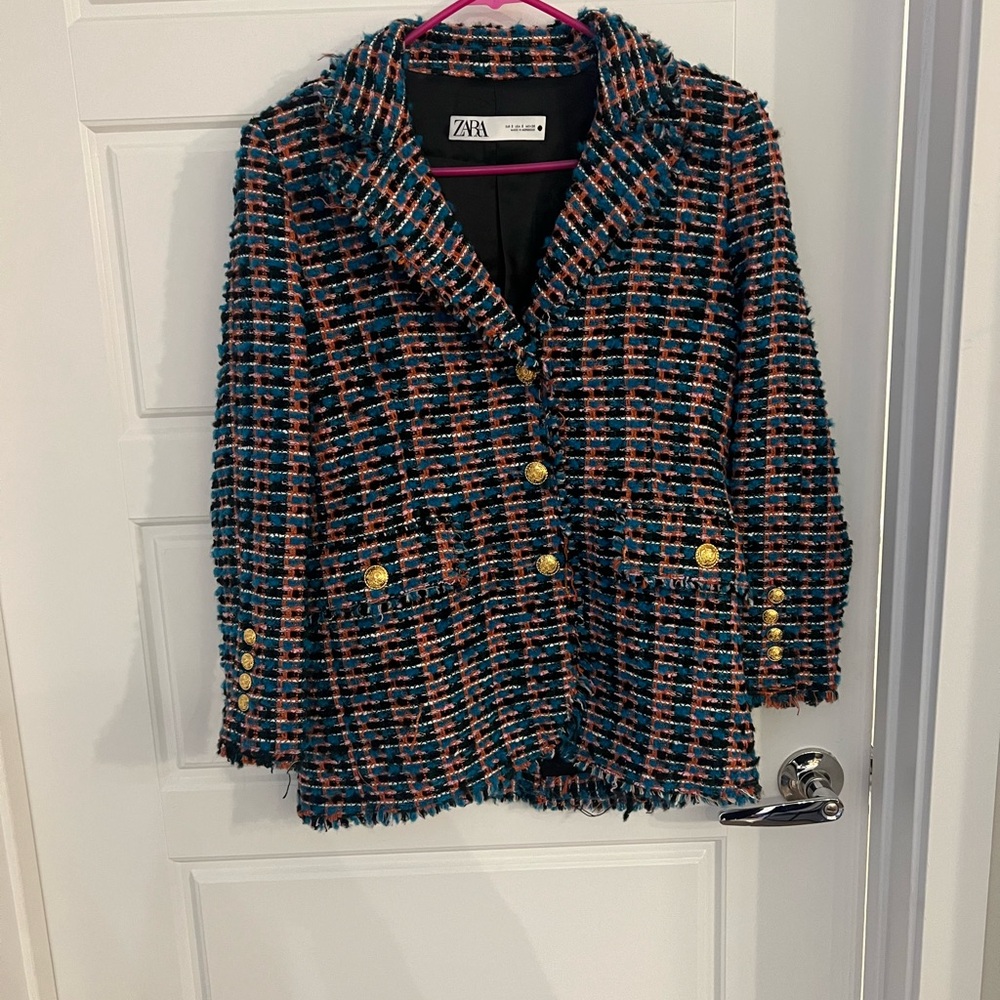 Zara Women's Tweed Blazer with Gold Buttons Size Small